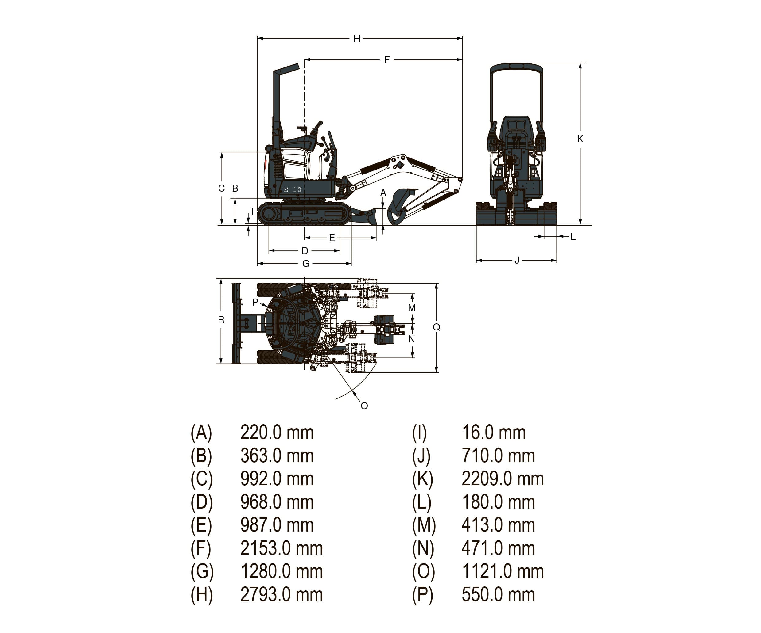 Габариты экскаватора Bobcat E10