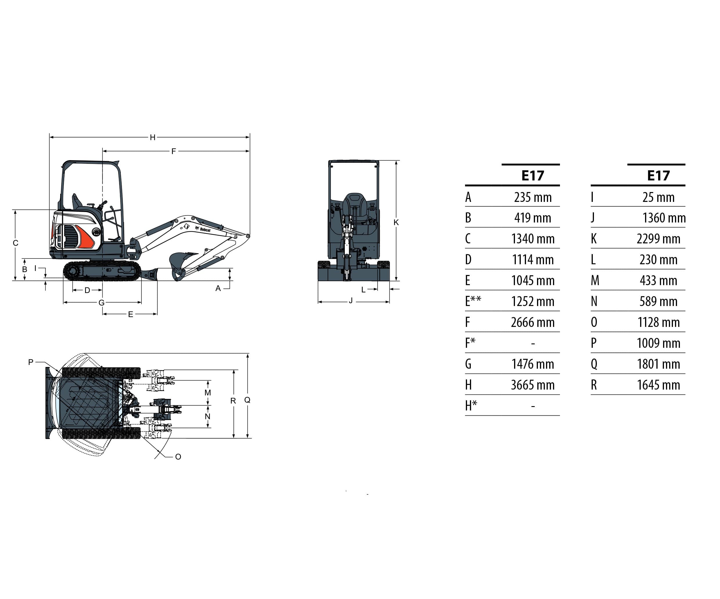 Габариты экскаватора Bobcat E17