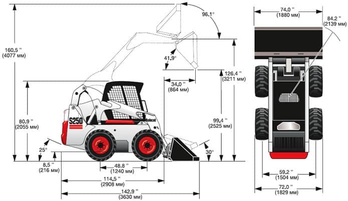 Габариты мини-погрузчика Bobcat S250