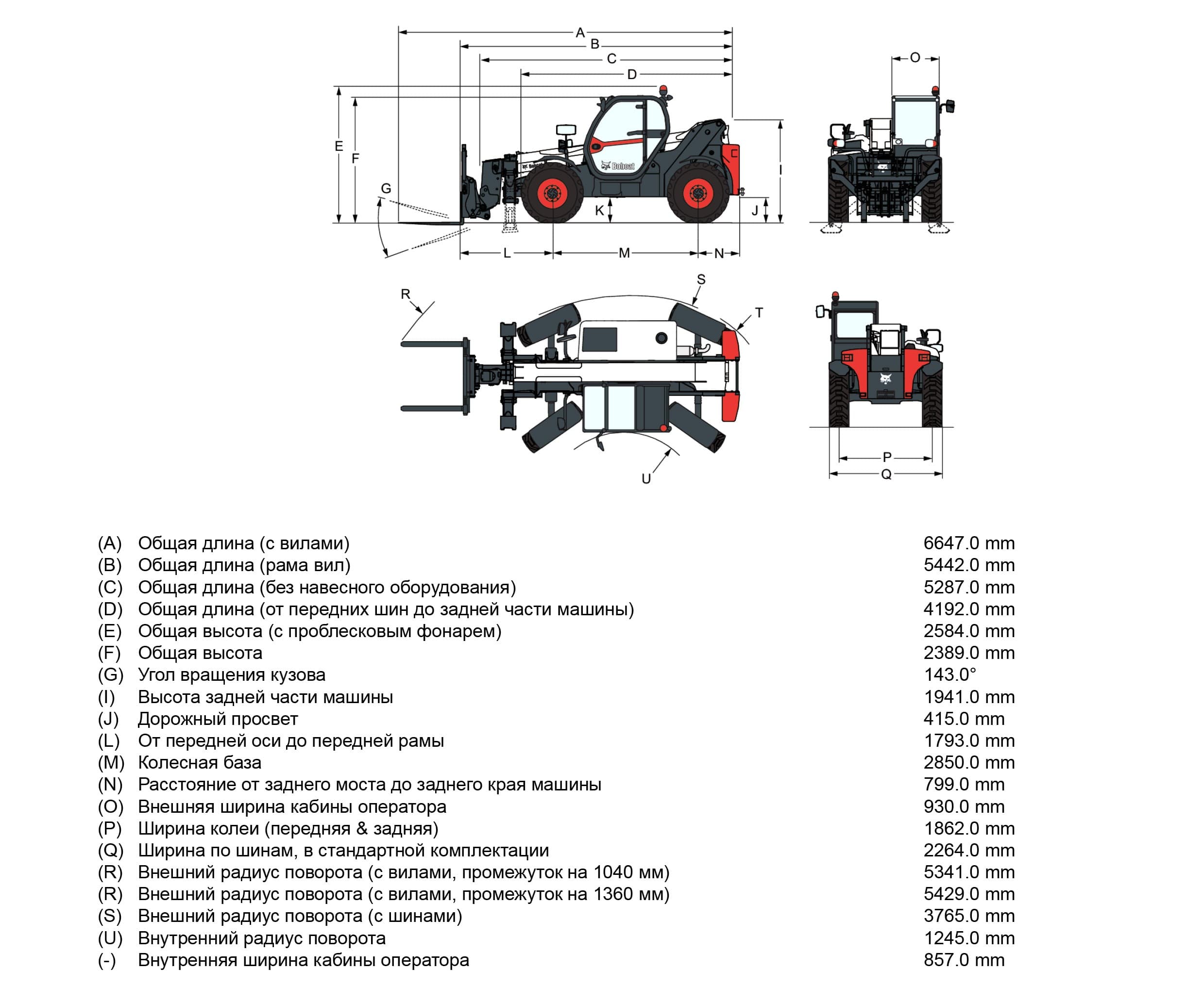 Габариты погрузчика Bobcat T36120 (SL)